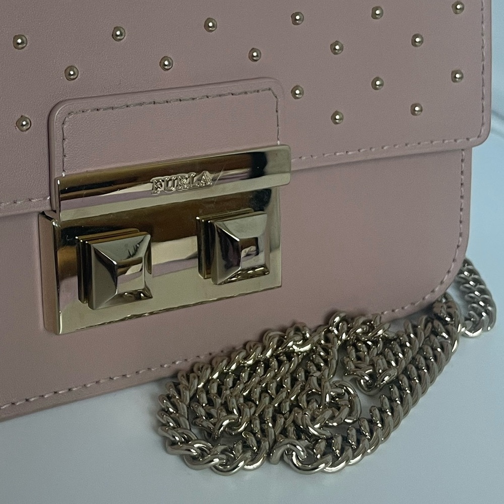 Furla Metropolis Mini Studded Leather Crossbody Blush Pink Saffiano Chain Bag - Picture 4 of 15
